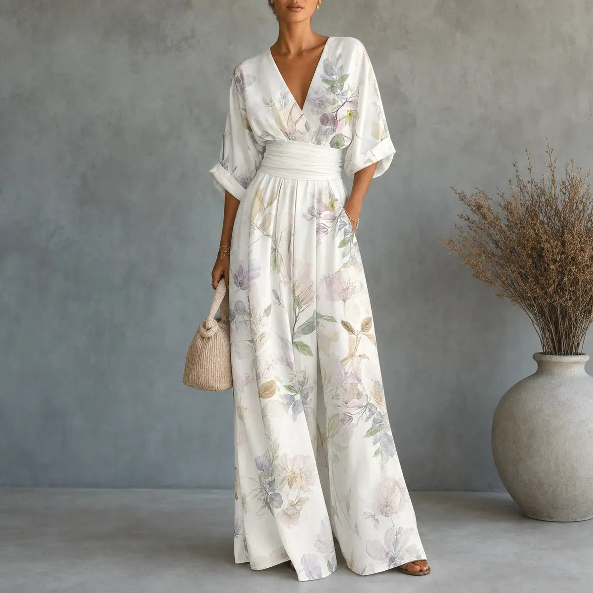 Solene – Printed V-Neck Wide-Leg Jumpsuit with Cinched Waist and Pockets