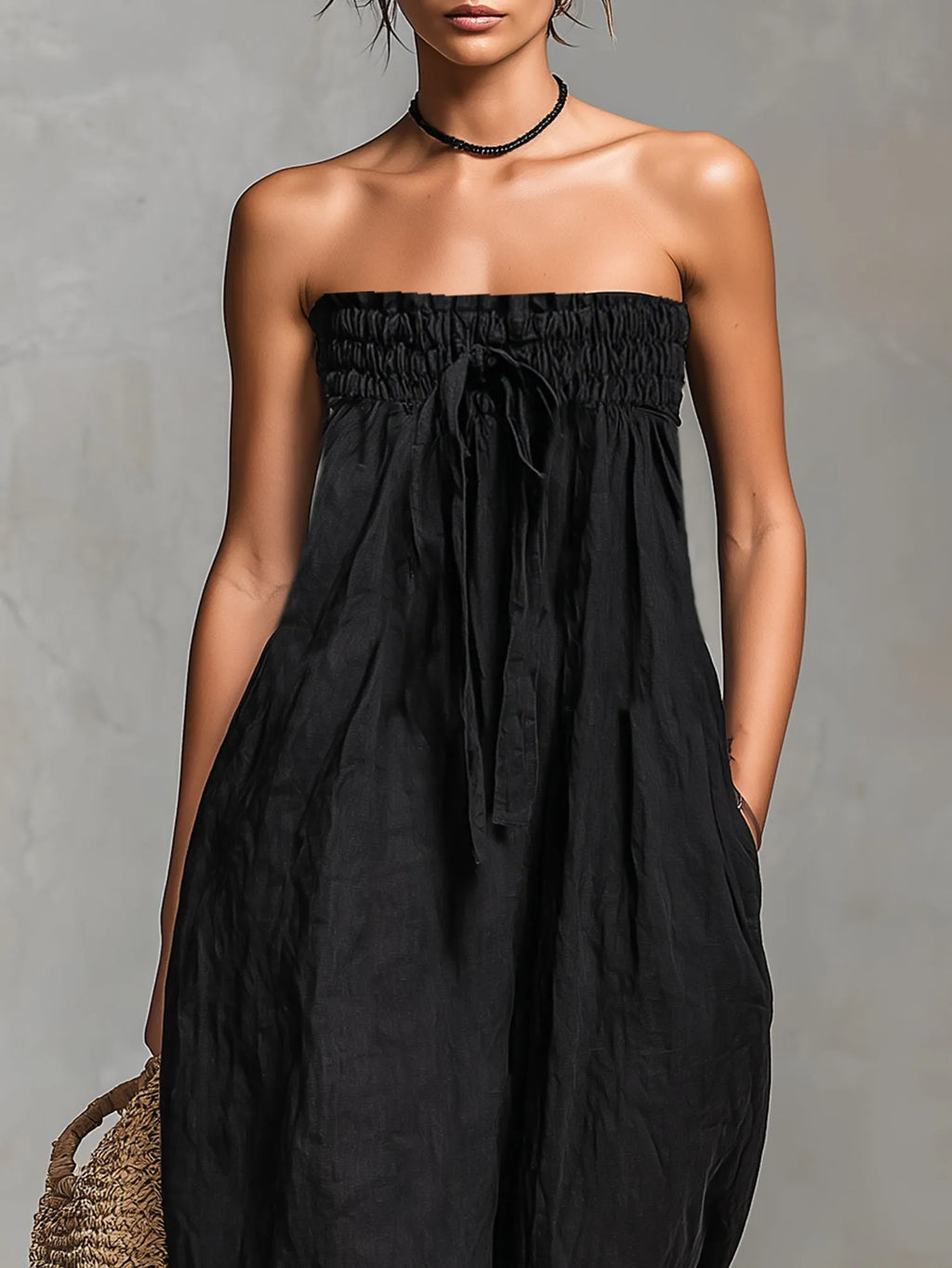 Black Minimalist Loose-fitting Faux Linen-blend Strapless Jumpsuit