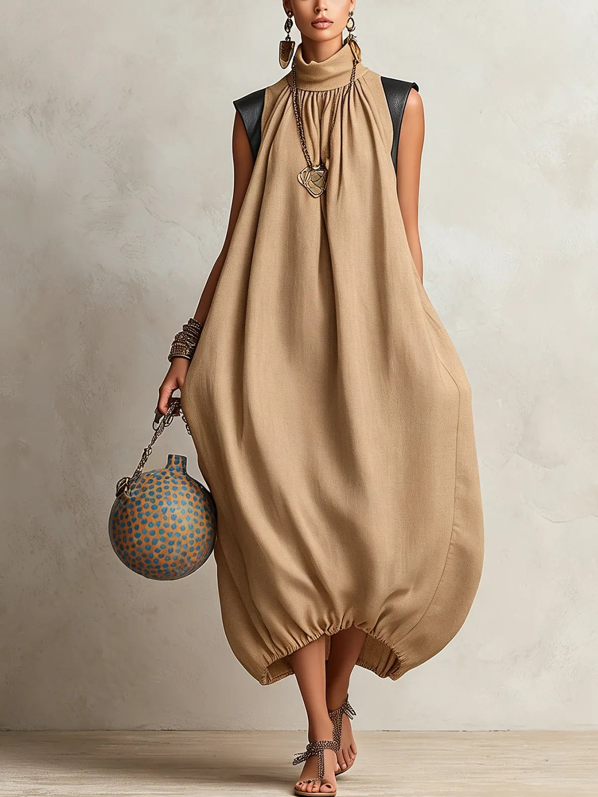 Camel High Neck Sleeveless Maxi Dress With Gathered Hem And Contrast Shoulder Detail