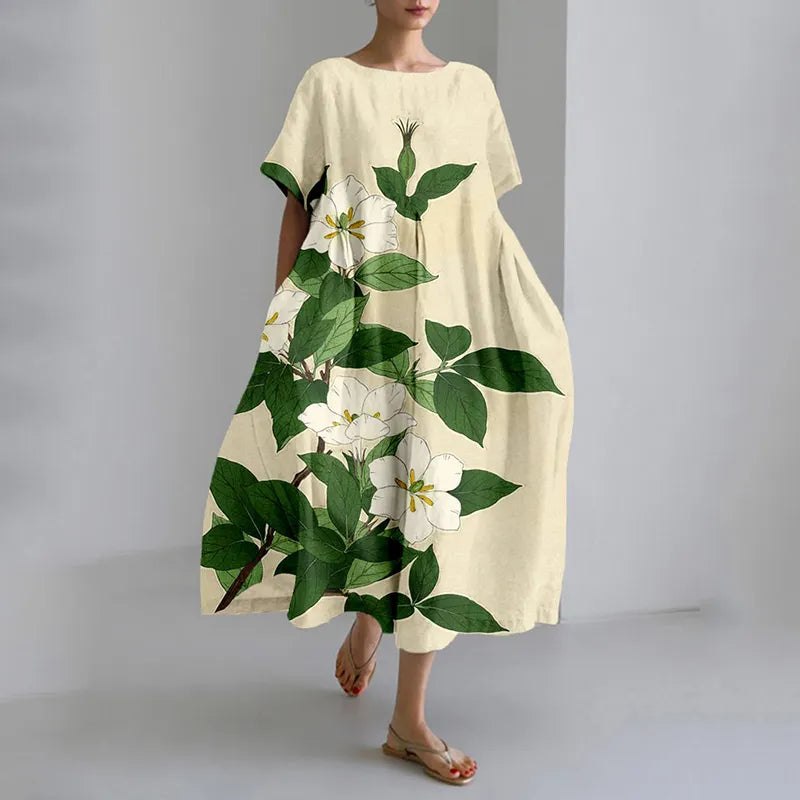 Cape Jasmin Japanese Art Linen Blend Midi Dress