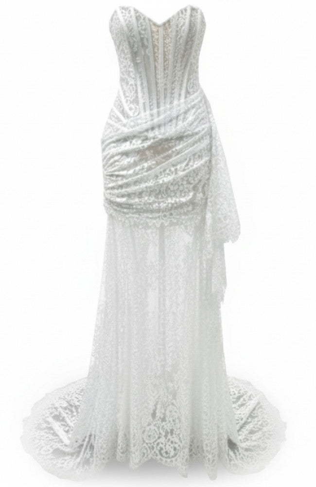 Strapless Draped Lace Corset Maxi Dress White