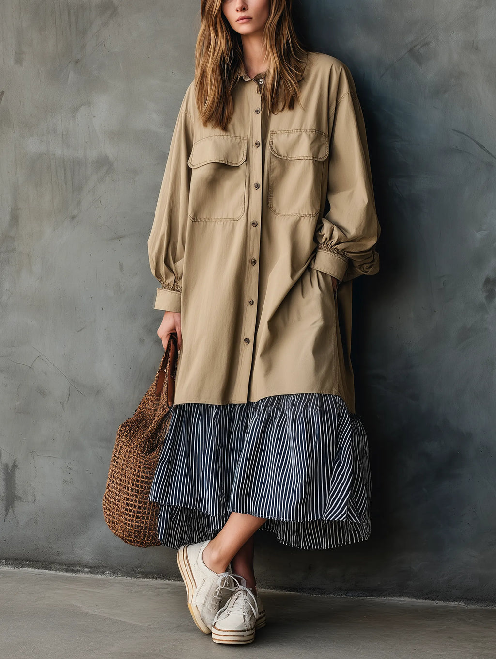 Women's Casual Khaki Woven Long-sleeve Maxi Dress With Striped Paneling MDZ2164G6LXY