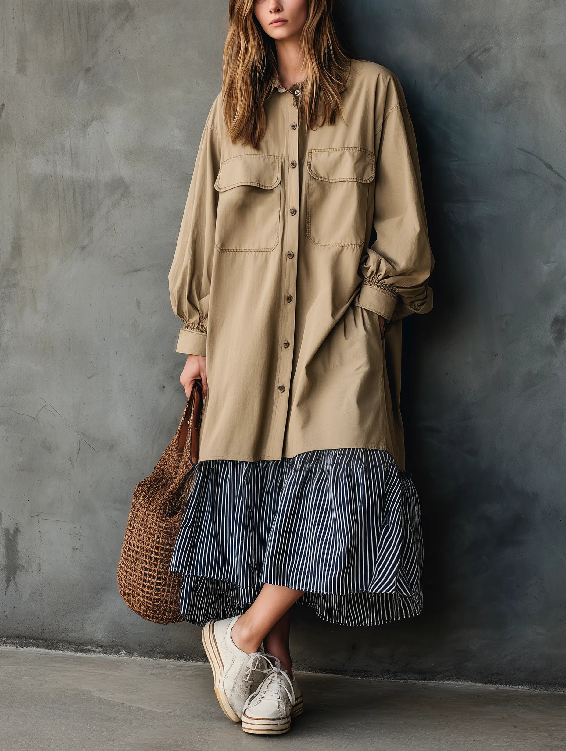 Women's Casual Khaki Woven Long-sleeve Maxi Dress With Striped Paneling MDZ2164G6LXY