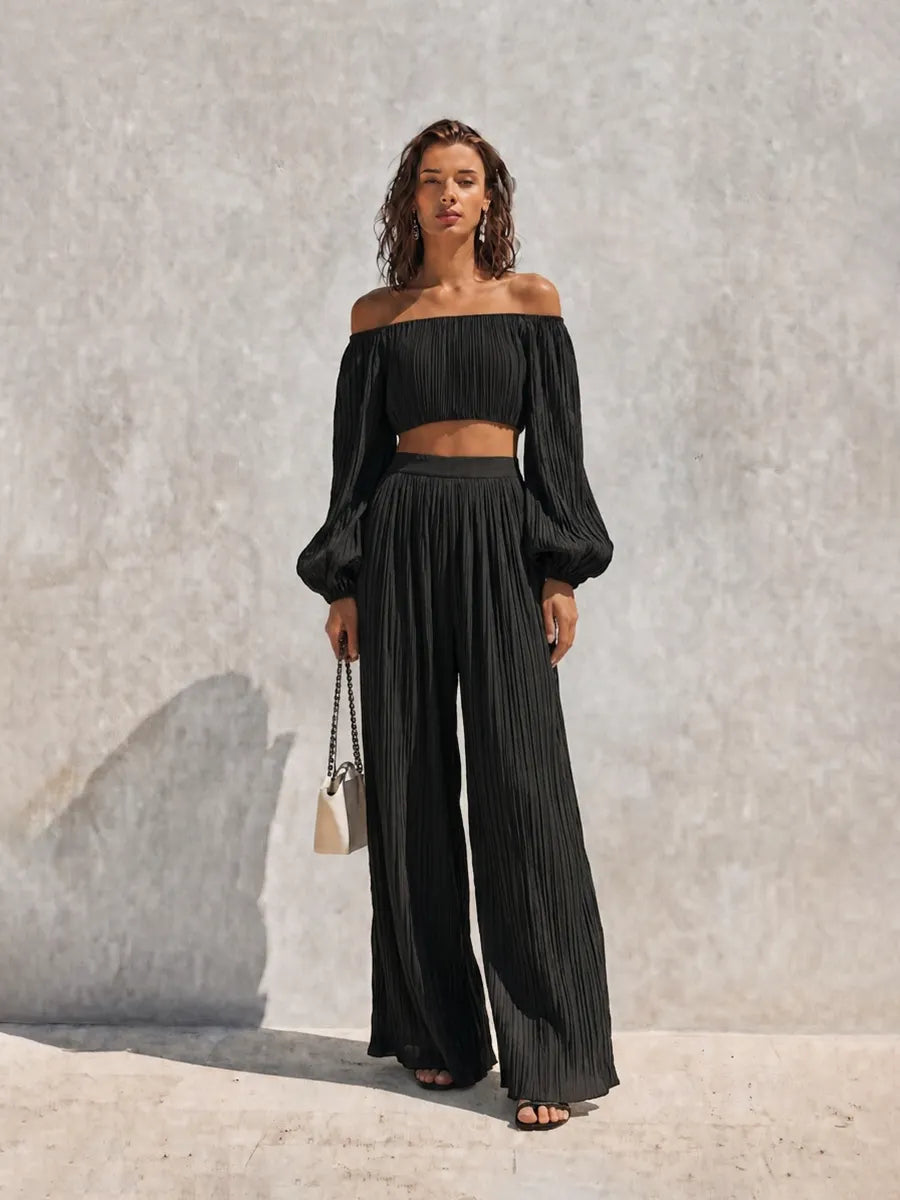 Women's Vacation Style Black Pleated Off Shoulder Puff Long Sleeve Cropped Top Wide Leg Pants Set MDZ0605G8Q