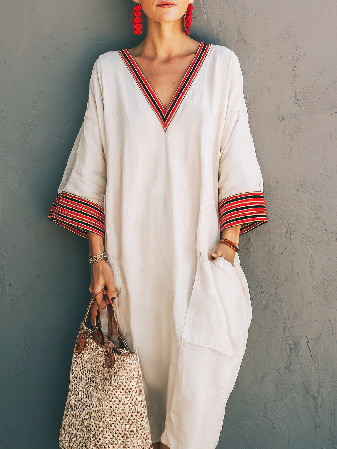 Women's Minimalist Color-blocked Casual V-neck Pocket Cotton Linen Dress