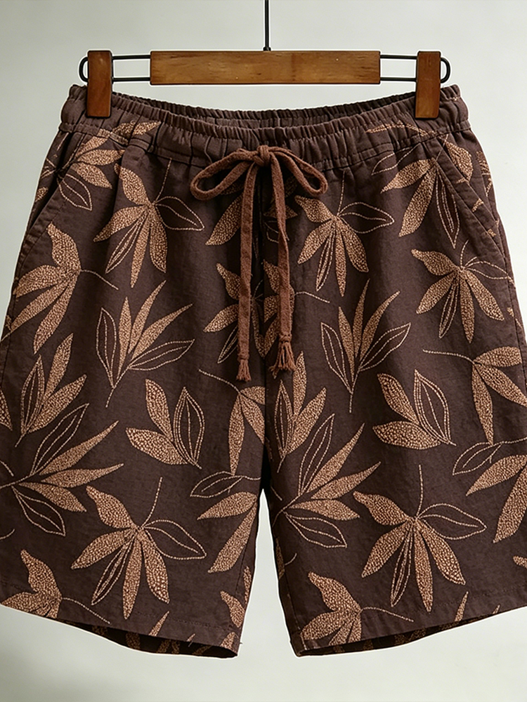 Men's Plant Embroidery Design Spring And Summer Casual Linen Shorts