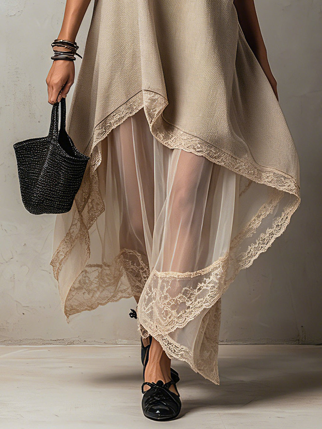 Light Khaki Sleeveless Organza Panel Maxi Dress