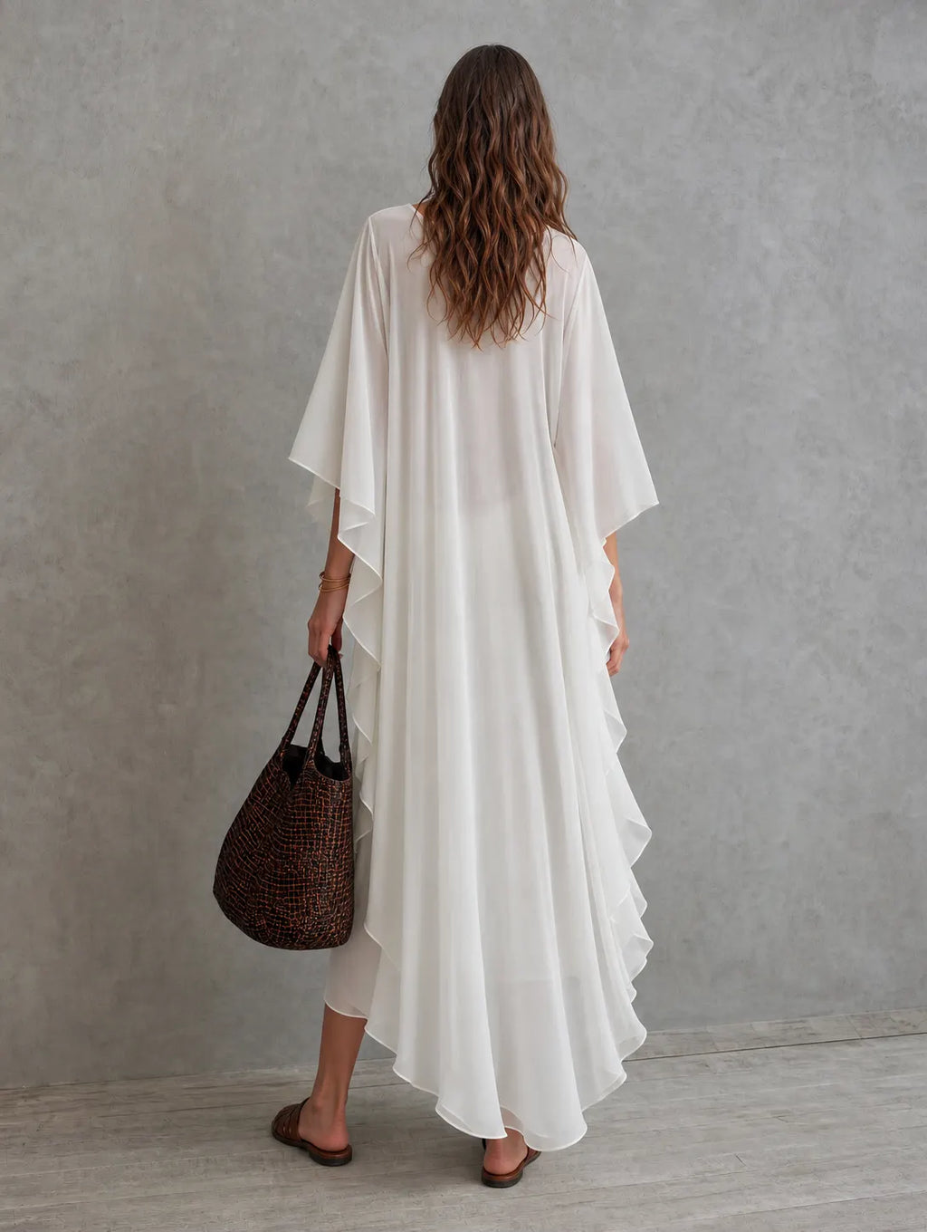 Women's Casual White Chiffon Maxi Dress With V-neck And Batwing Sleeves MDZ1728G4LXY