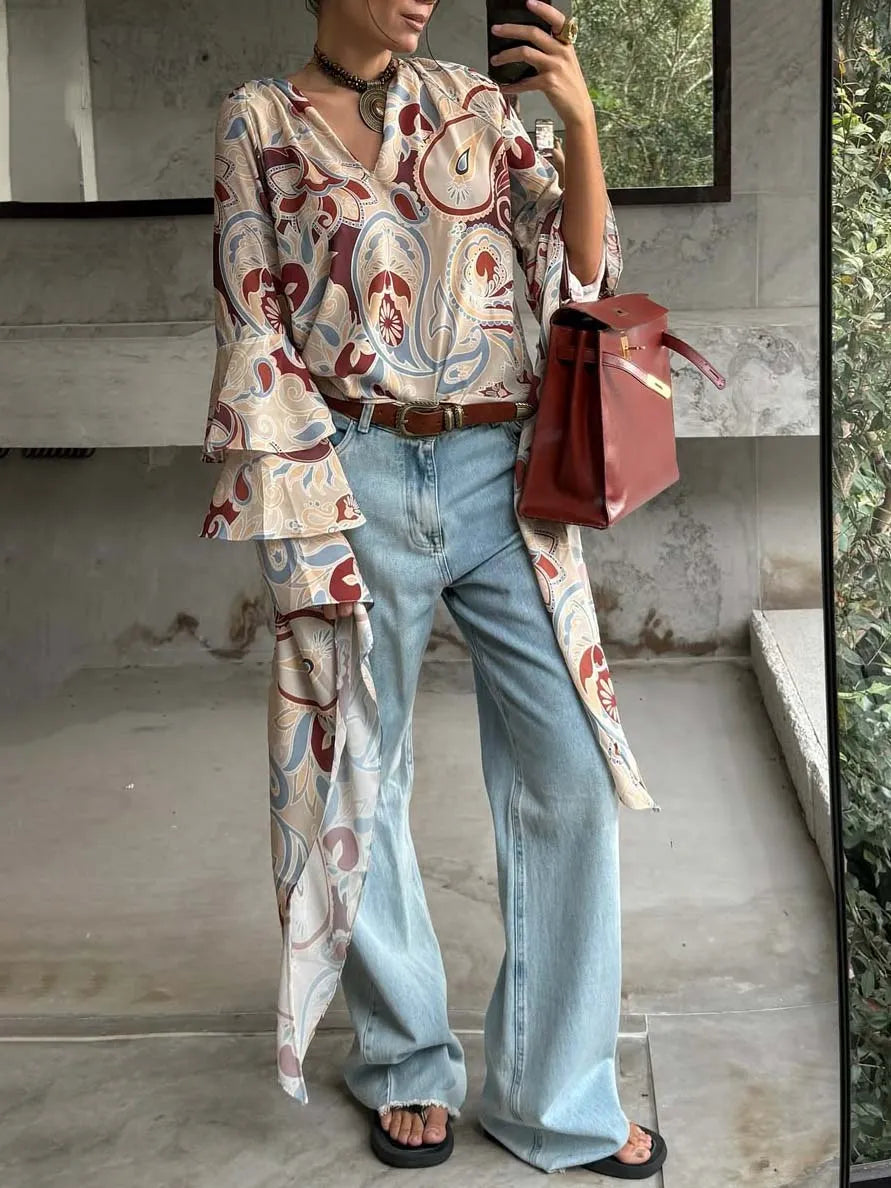 Bohemian Printed Fringe Hem Wide-Leg Pants