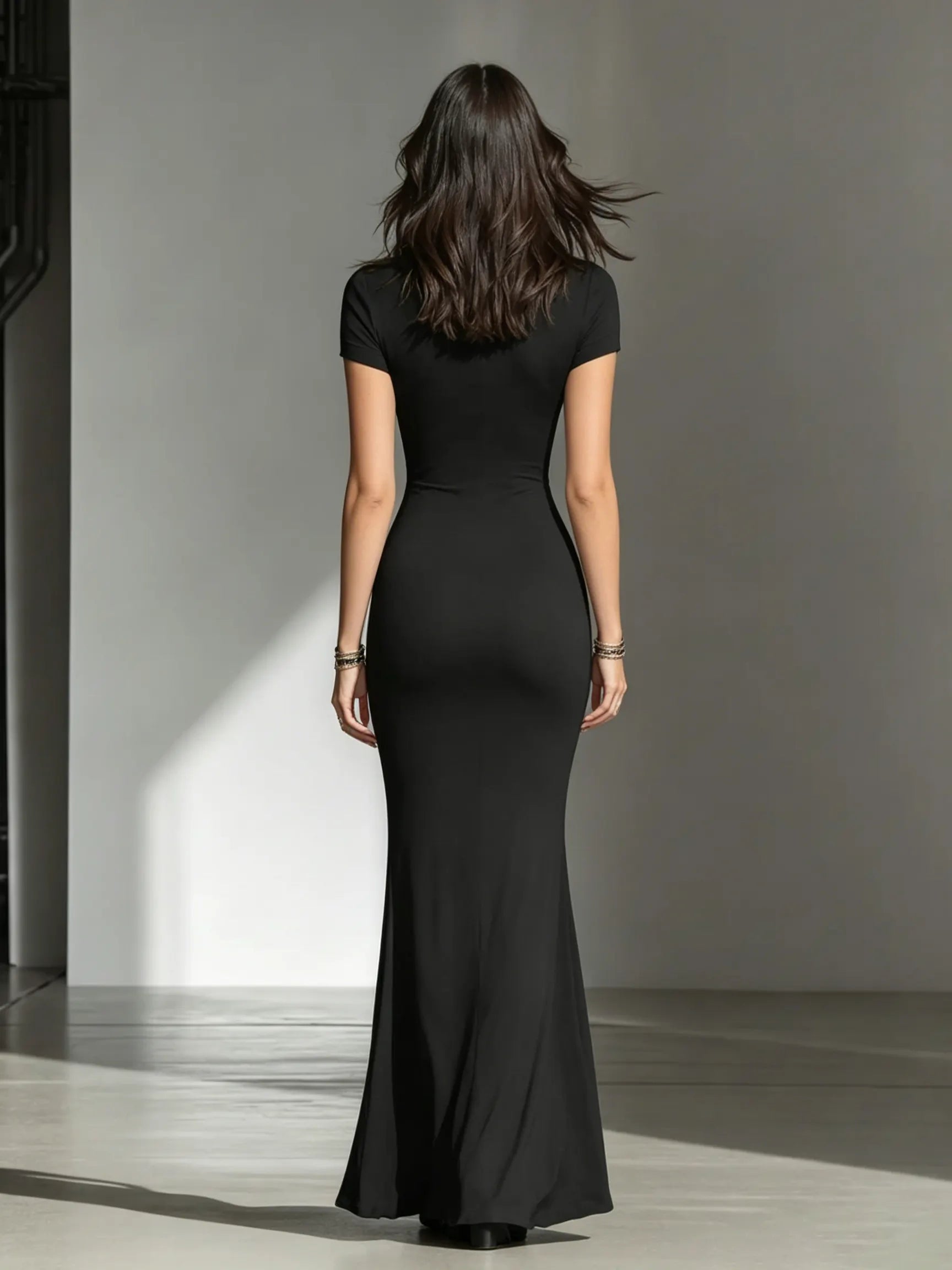 Women's Solid Black Soft Jersey Floor Dress With V Neck Henley Buttons & Figure-Hugging Silhouette, Modern Minimalist Casual Formal Maxi Dress MDZ2617F2LYL