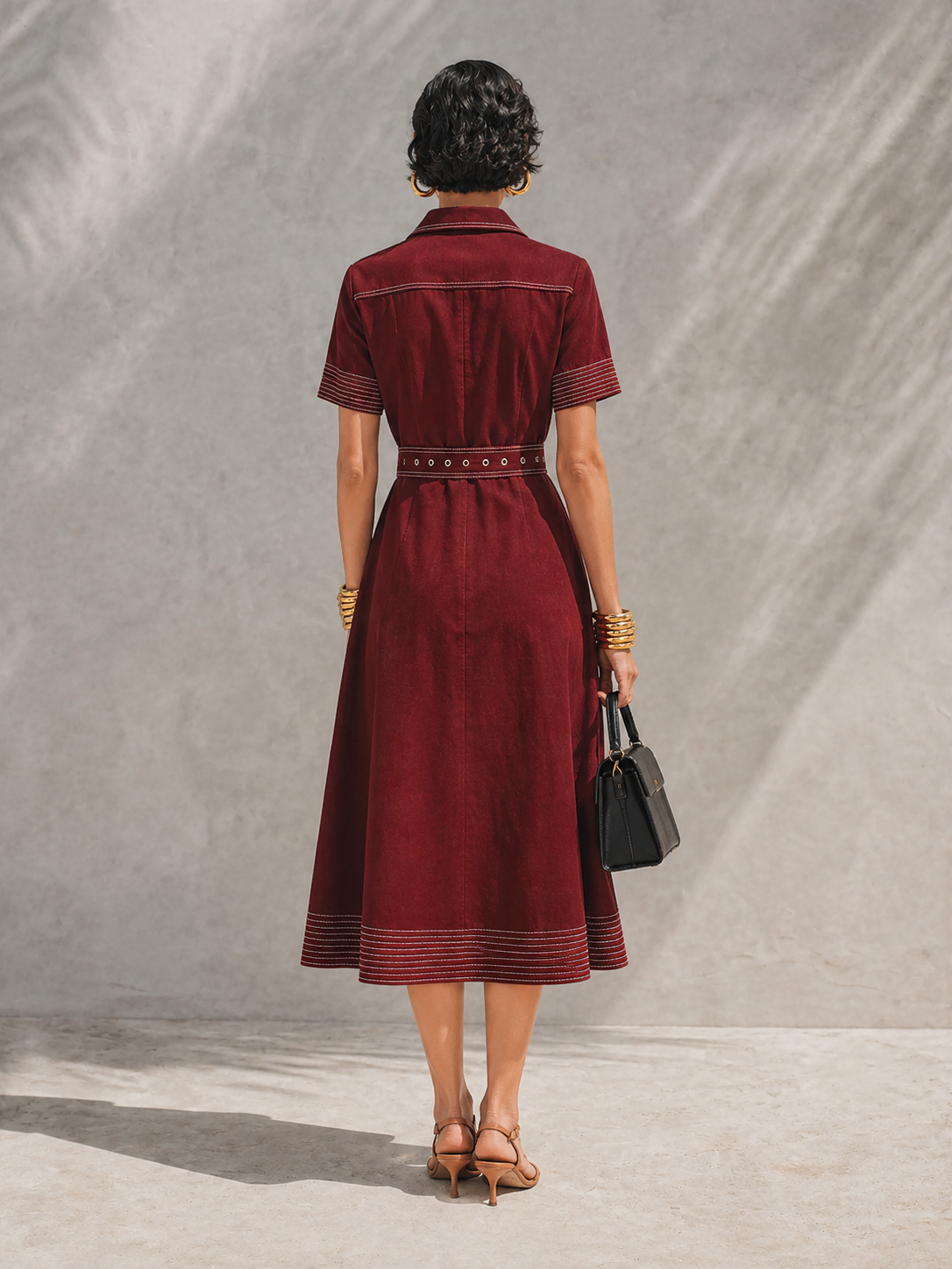 Women's Vintage Style Burgundy Cotton Blend Collared Short Sleeve Contrast Topstitch Belted Button-Front Midi Shirt Dress MDZ1453G7ZSQ