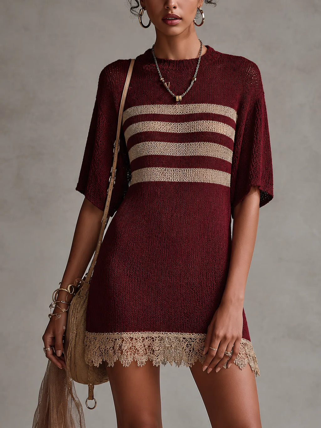 Wine Red Knit Mini Dress With Beige Lace Hem And Striped Panel