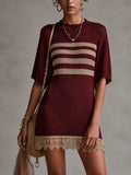 Wine Red Knit Mini Dress With Beige Lace Hem And Striped Panel