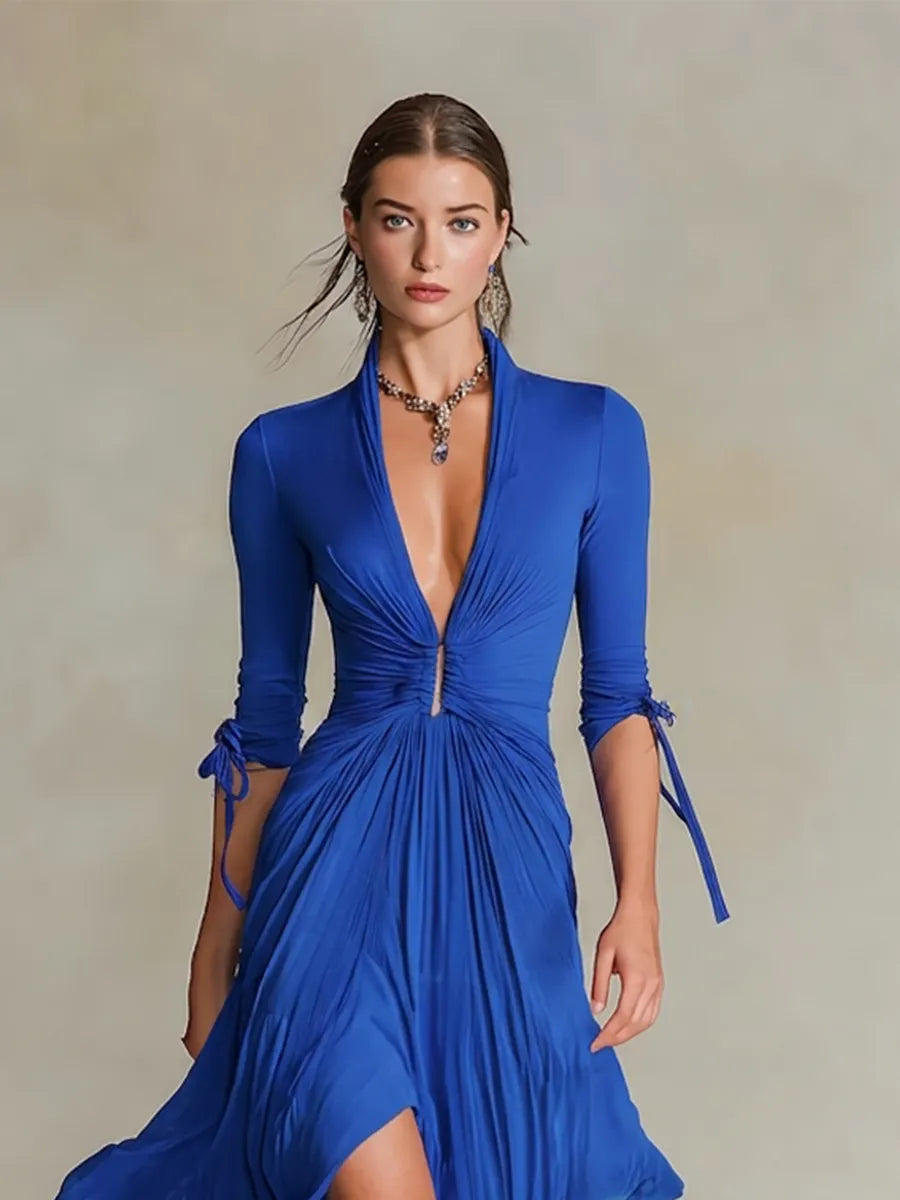 Women's Cobalt Blue Stretch Jersey Midi Dress With Stand Collar Deep V Front Ruched Knot & Tie Cuff Three Quarter Sleeves, Elegant Flowy Party Midi Dress MDZ1551G5LYL