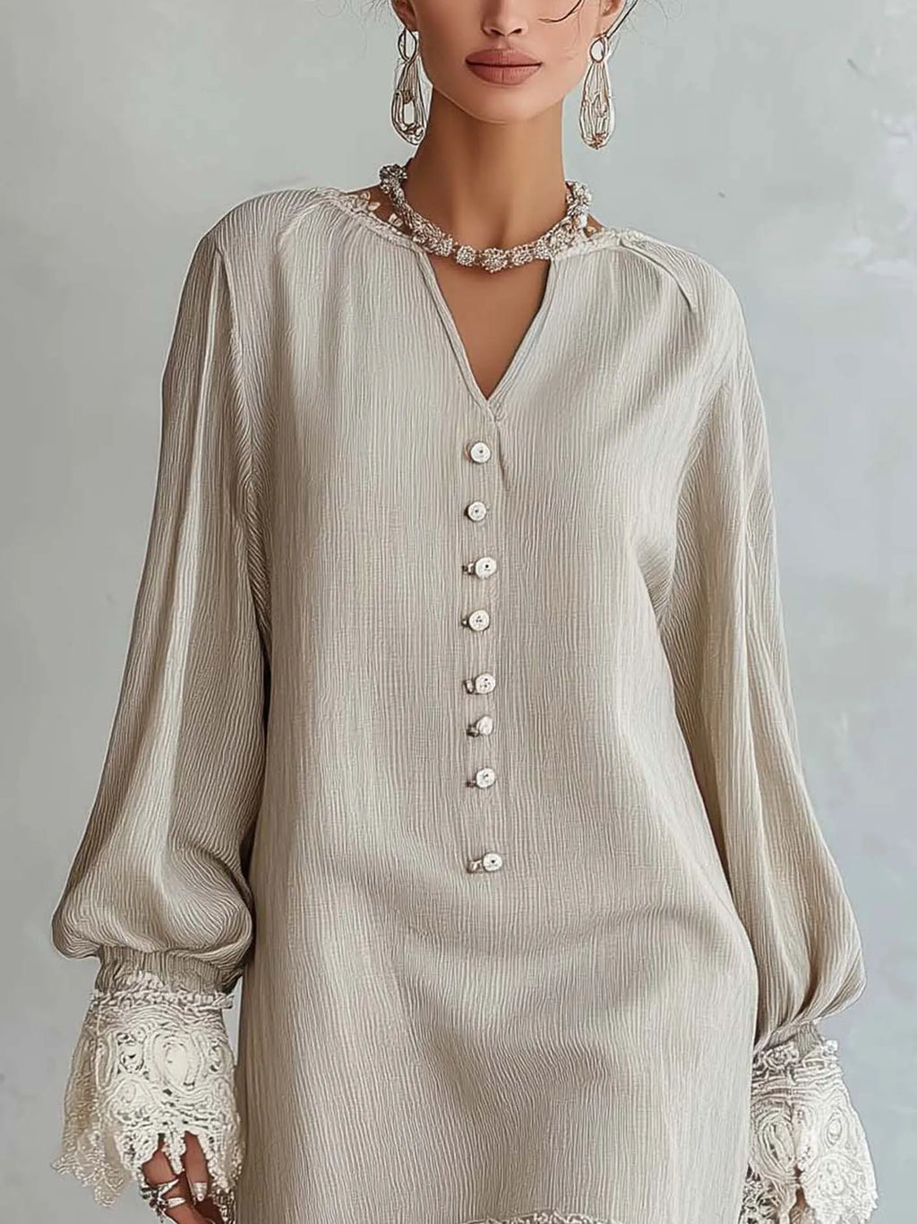 Apricot Button Front Midi Dress With Lace Patchwork Cuffs And Hem