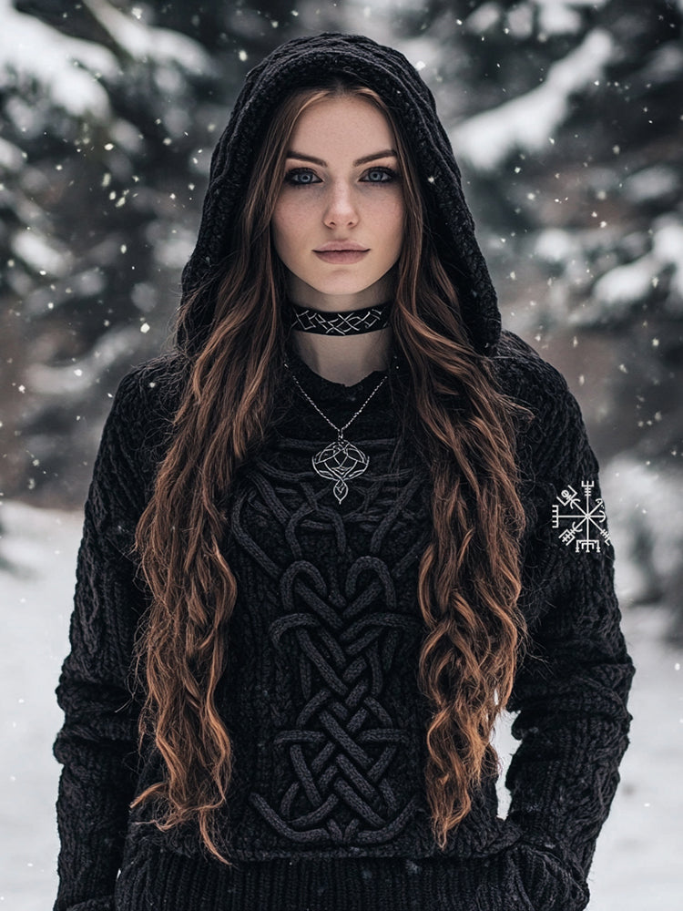 Women's Viking Style Knitted Jacquard Hooded Sweater