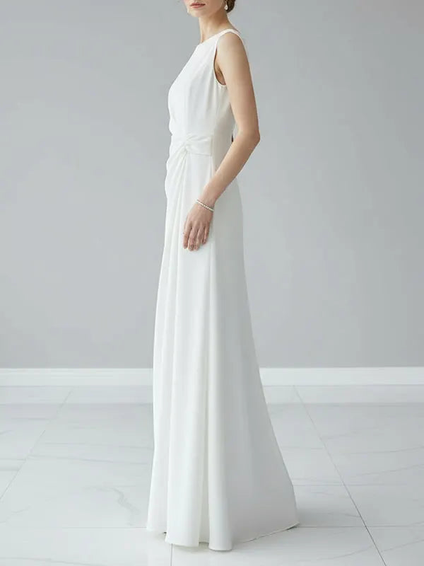 Sleeveless Gauze Pleated Solid Color Split-Joint Round-Neck Evening Dresses Maxi Dresses
