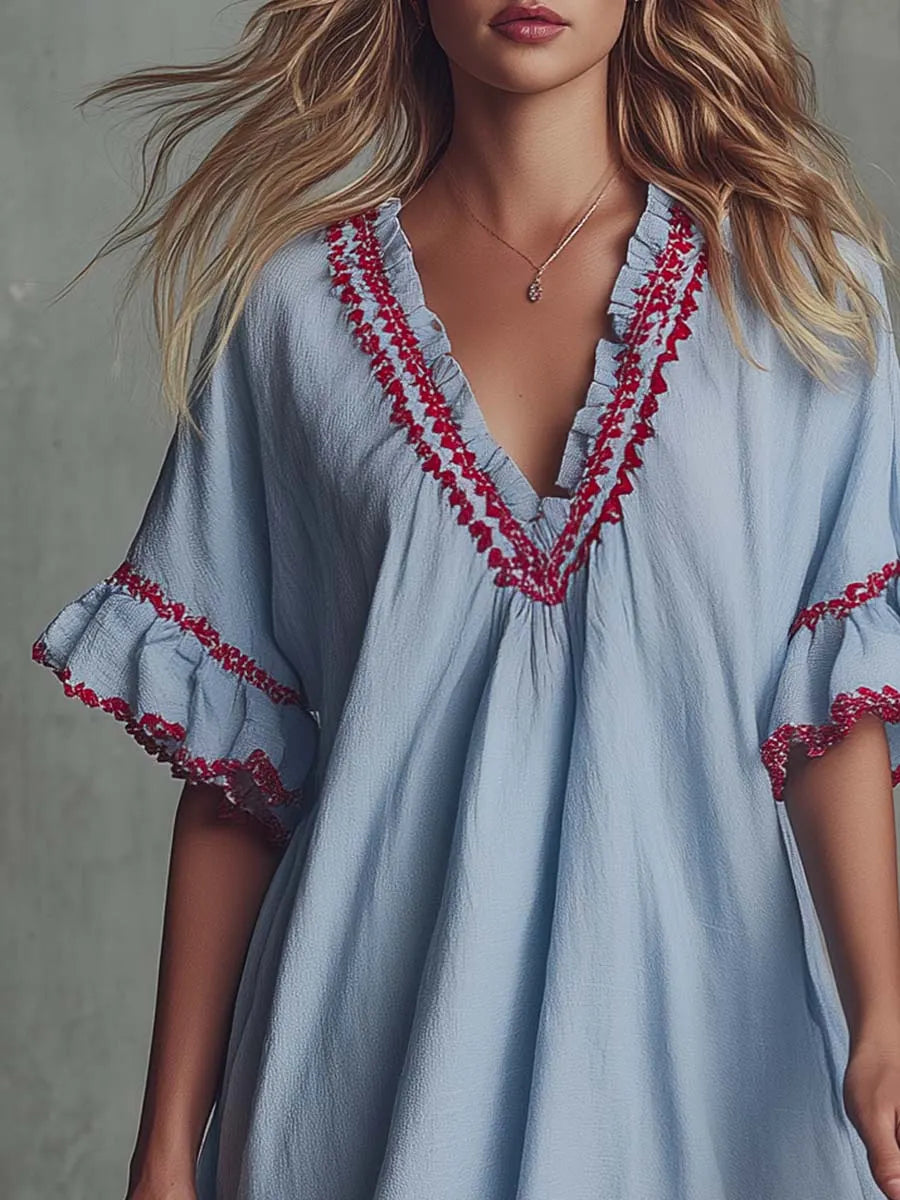 Vintage Bohemian V-neck Ruffled Hazy Blue Cotton-linen Mini Dress