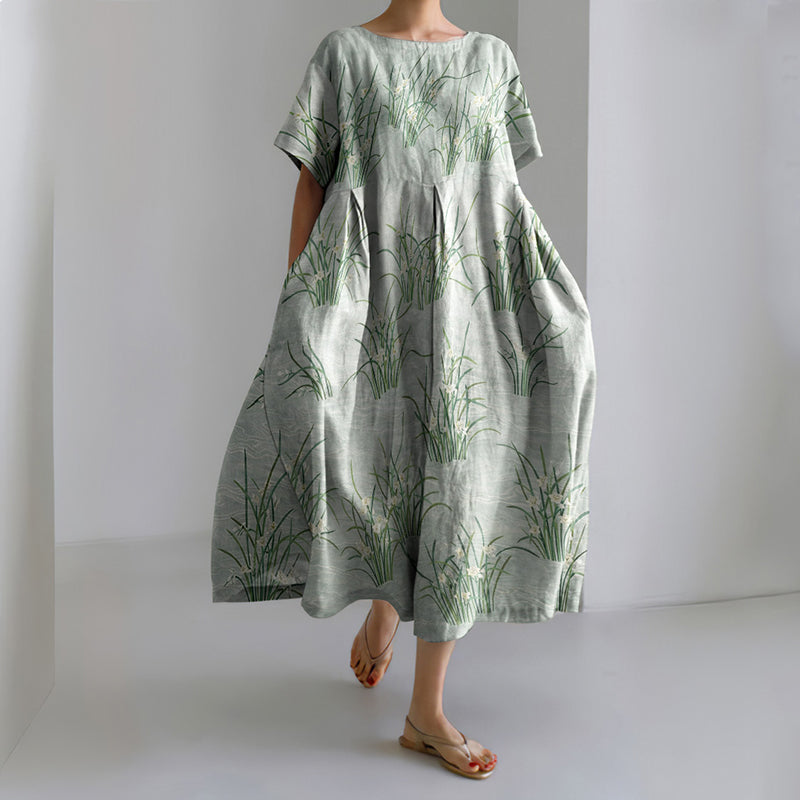 Women's Japanese Flower Art Short Sleeve Midi Dress