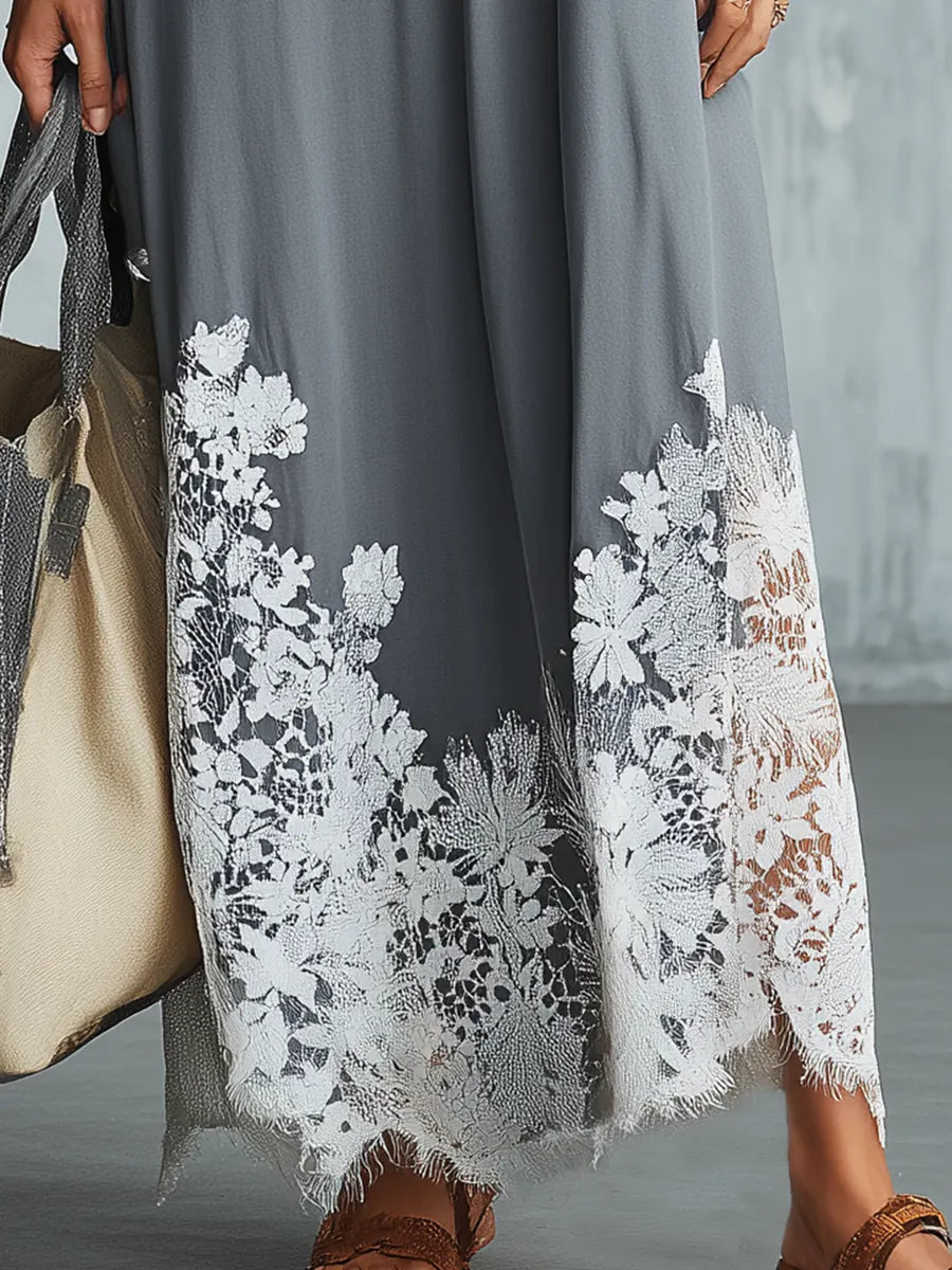 Relaxed Slate Gray Floral Hem Maxi Dress