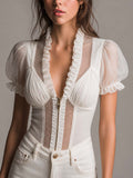 White Cotton And Chiffon Ruffled Corset Blouse