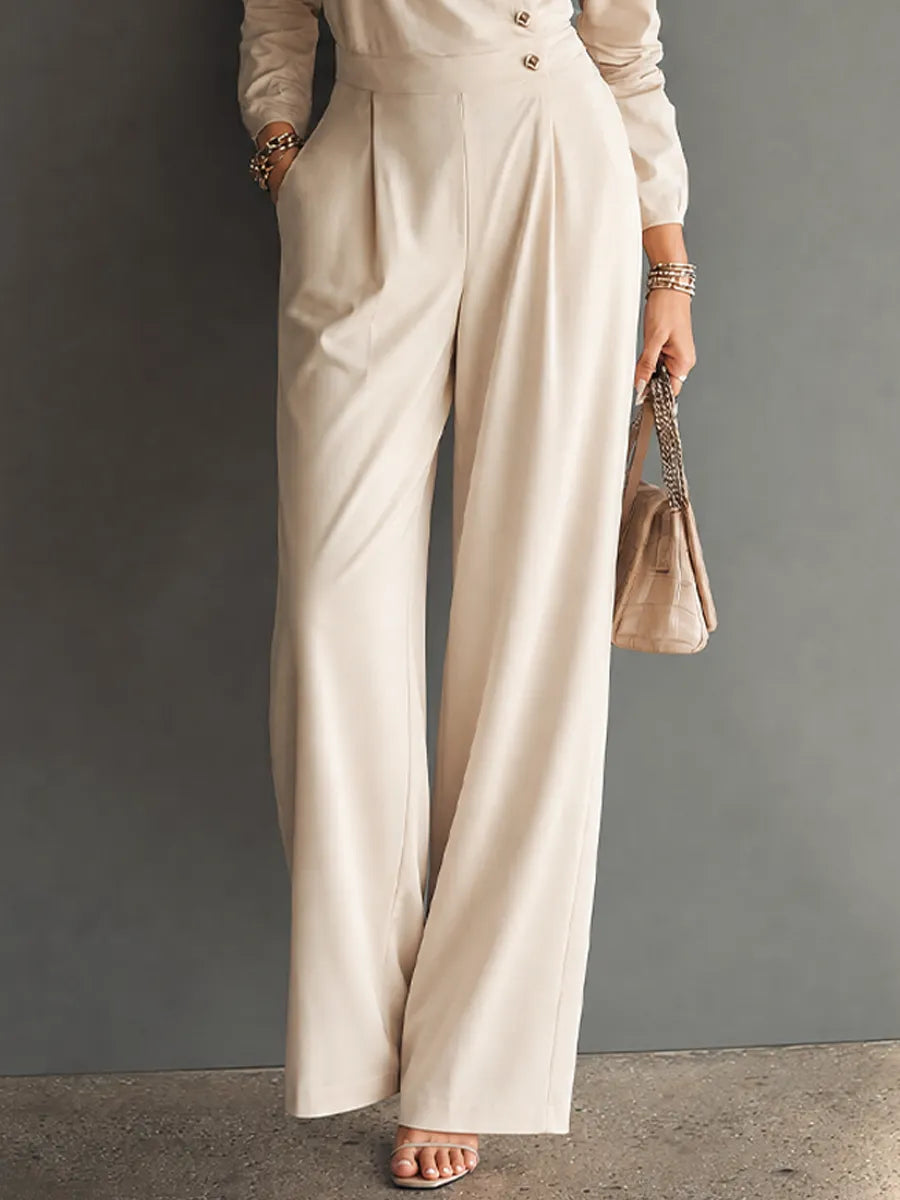 Women's Minimalist Workwear Style Apricot Cotton Blend Lapel Asymmetric Button Long Sleeve High Waist Wide Leg Long Jumpsuit MDZ0746G2GMJ