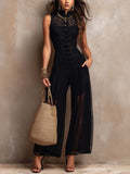 Retro Stand-Collar Lace Chiffon Jumpsuit