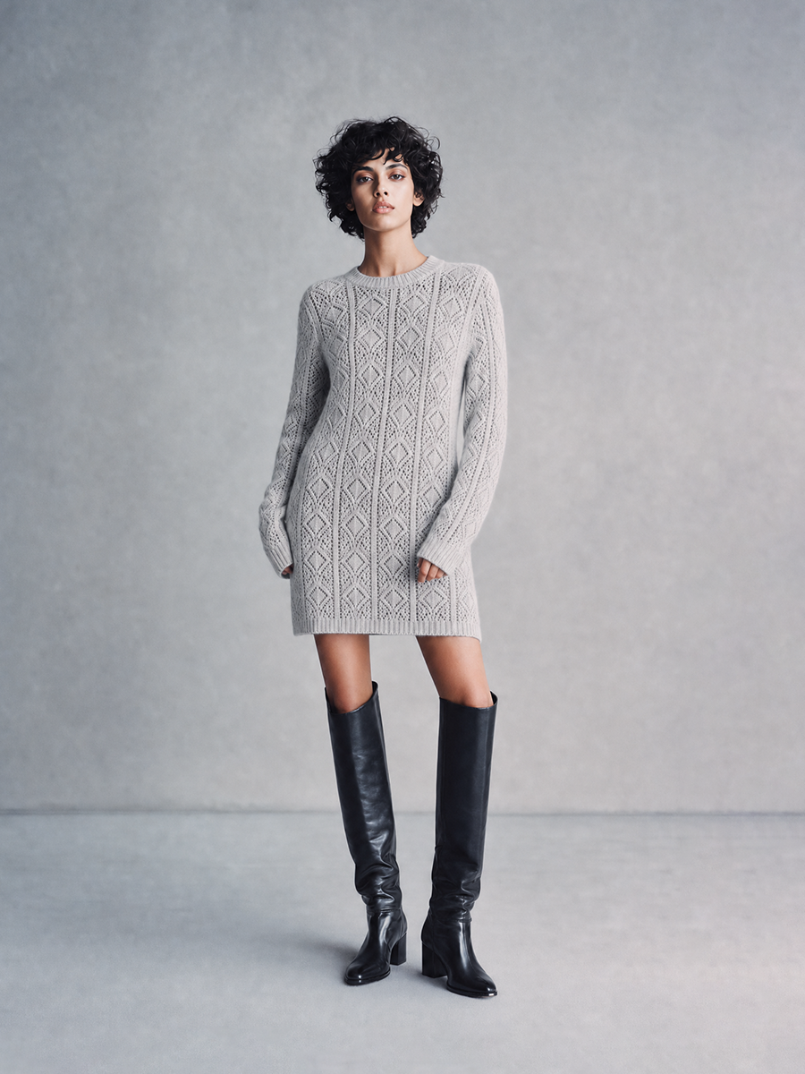 Women's Cozy Chic Light Gray Pointelle Knit Round Neck Long Sleeve Mini Sweater DressMDZ2055G1ZSQ