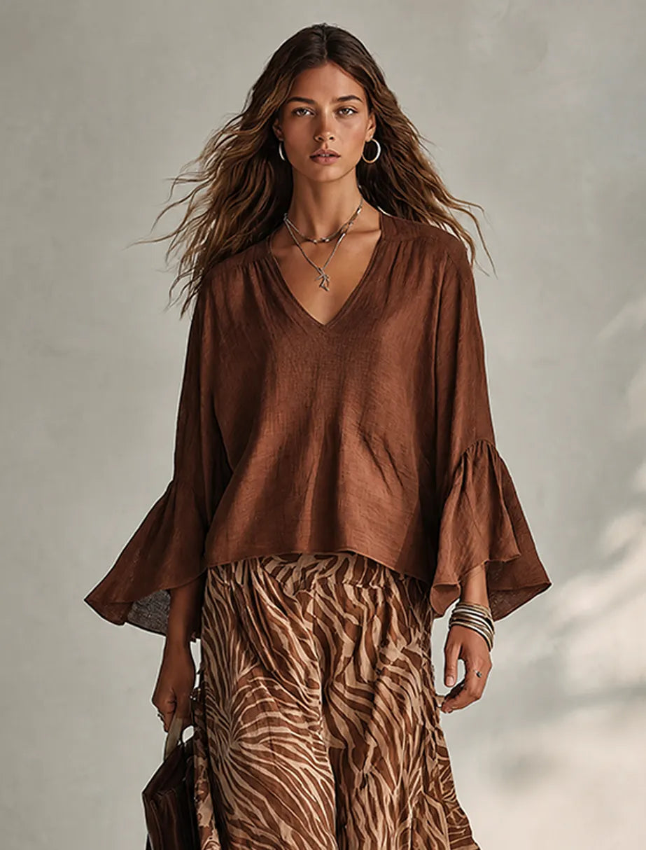 Women's Solid Brown Linen-Blend V-Neck Flared-Sleeve Loose Bohemian Top MDZ0925G6ZRK