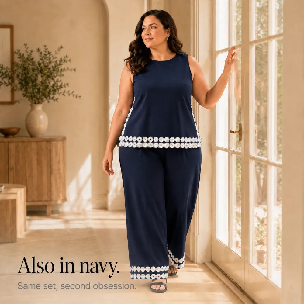 Marovée – Sleeveless Top & Wide Leg Pants Set with Crochet-like Trim Details