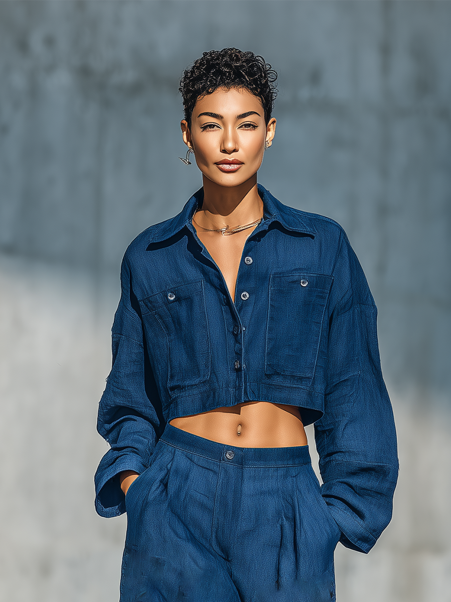 Women's Navy Blue Denim Fabric Lapel Dual Chest Pocket Button Front Long Sleeve Cropped Shirt MDZ2736G6YZJ