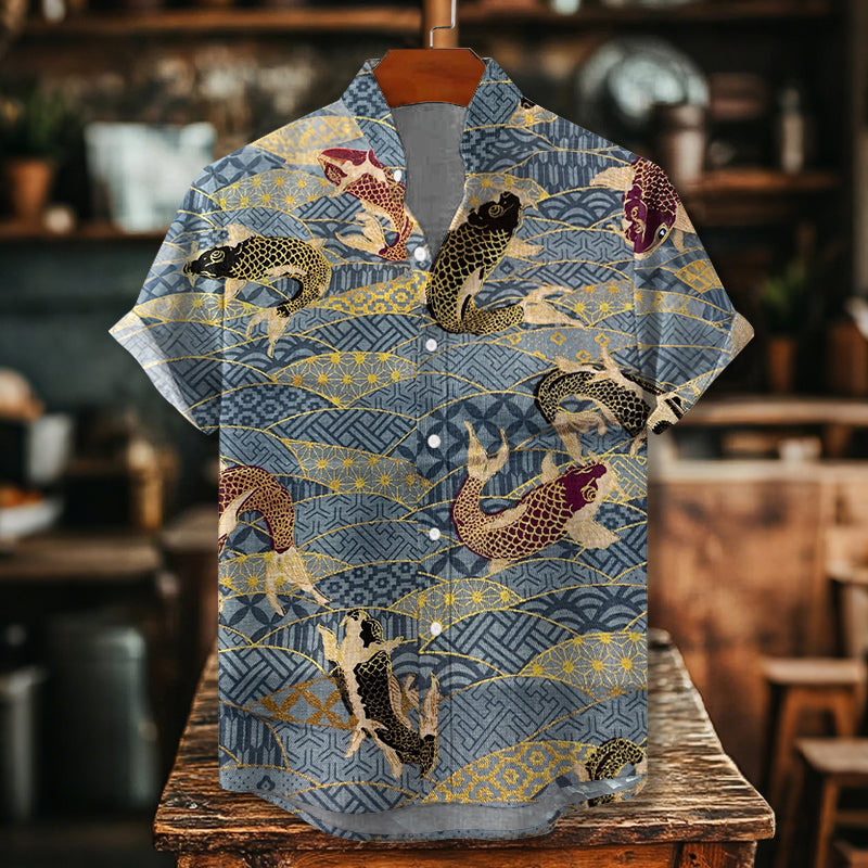 Japanese Art Koi With Waves Pattern Art Print Casual Shirt