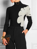 Long Sleeves Skinny Contrast Color Floral Printed Split-Joint High Neck T-shirts