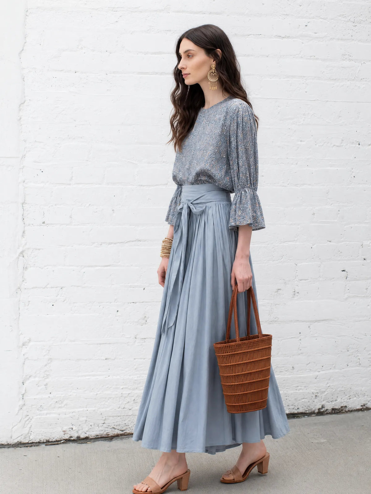 Elegant Dusty Blue Floral Print Blouse &  Skirt Set