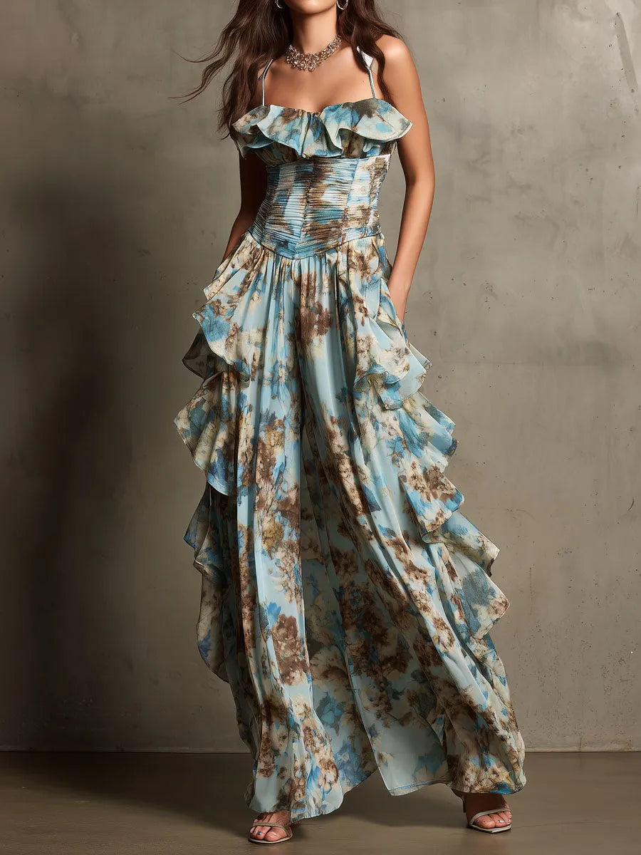 Boho Chic Dusty Blue Ruffled Floral Chiffon Jumpsuit