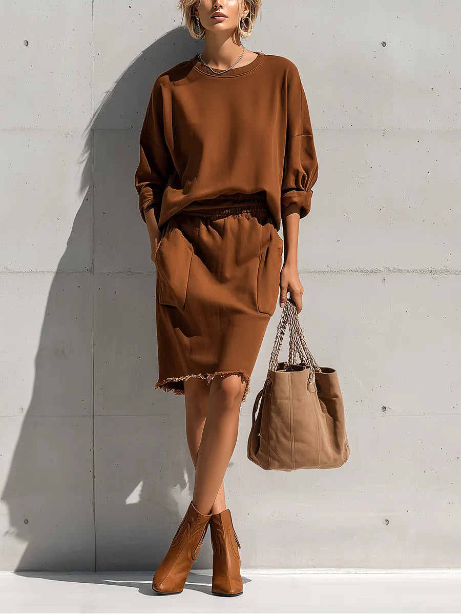 Women's Coffee Brown Oversized Round Neck Long Sleeve Sweatshirt Frayed Hem Pocket Midi Skirt Two Piece Outfit Set MDZ1415G8YZJ
