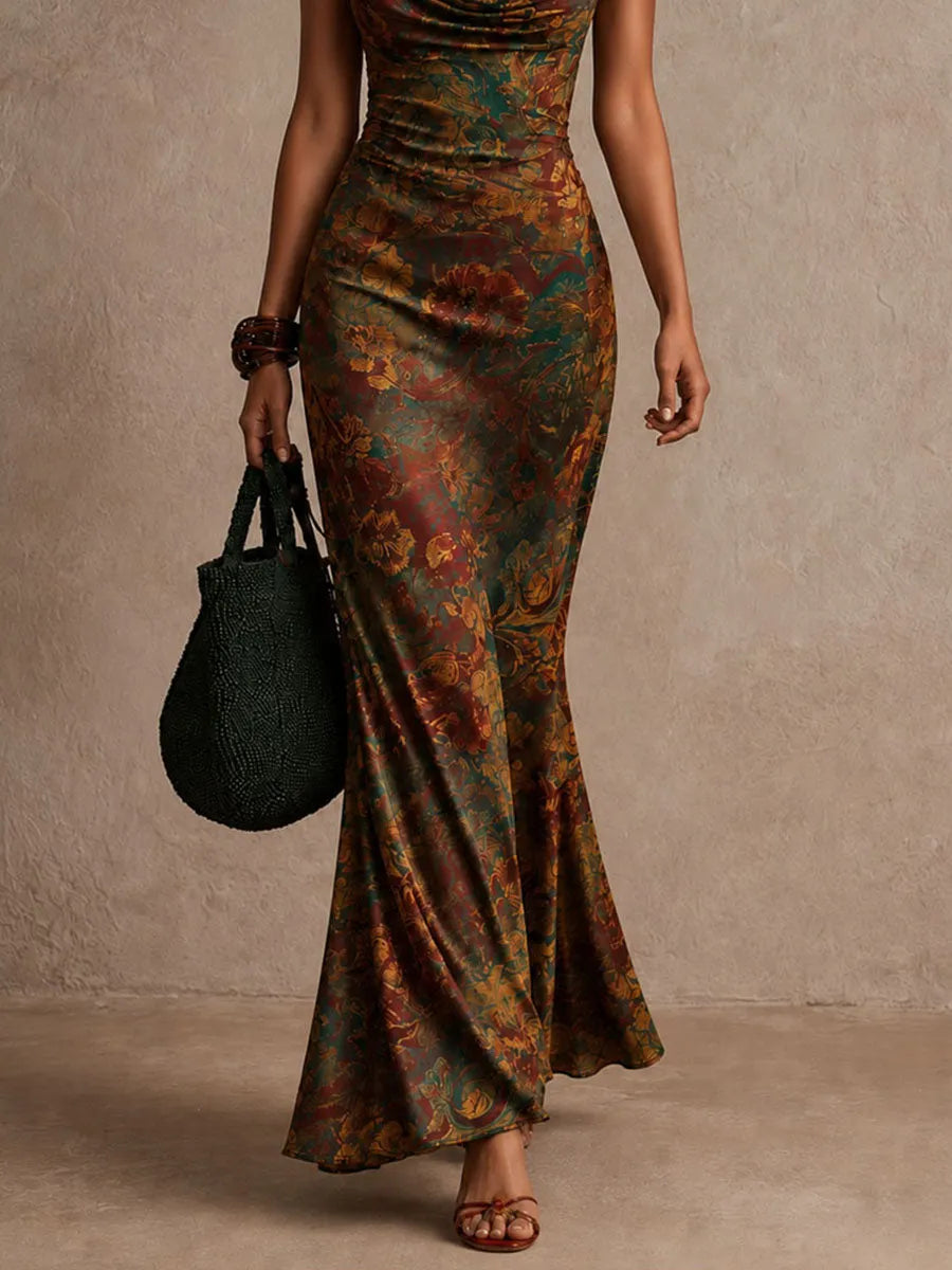Boho Vintage Cowl Neck Floral Satin Straps Maxi Dress