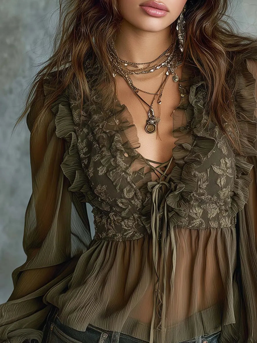 Vintage-Style Embroidered Ruffled Sheer Chiffon Blouse
