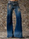 Women's Vintage Blue Gradient Glitter Art Print Casual Slim  Wide Leg Pants