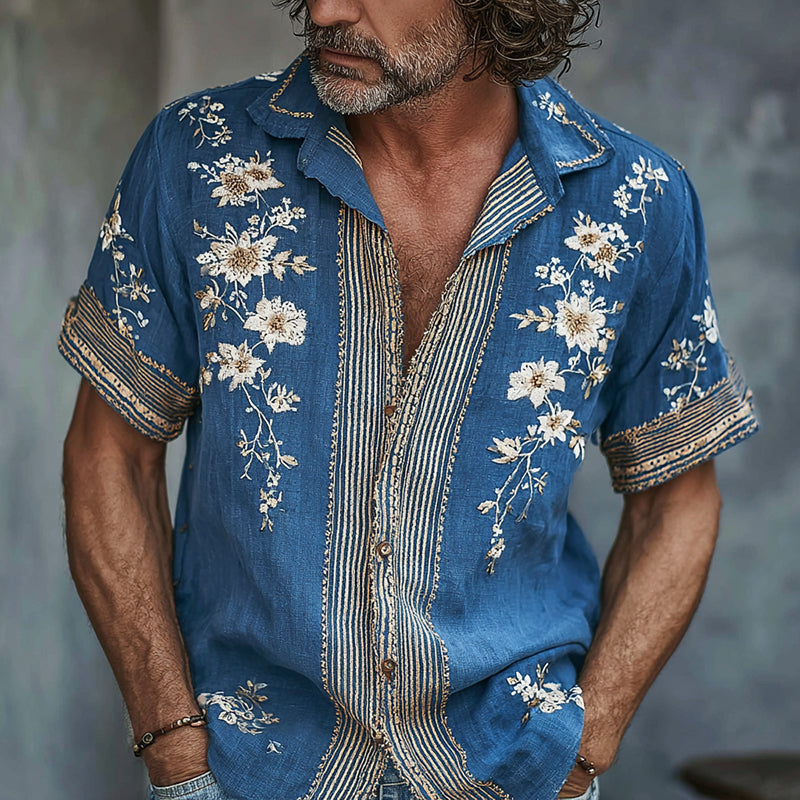 Men's Floral Embroidered Art Linen Blend Short Sleeve Shirt