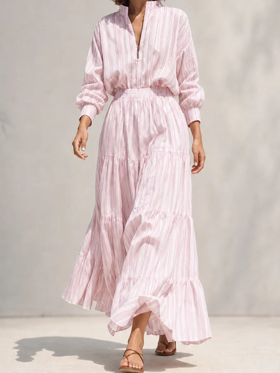 Women's Resort-Style Pink-and-White Striped Stand-Collar Zip Long-Sleeve Cinched-Waist Maxi Dress MDZ1621G5CMX