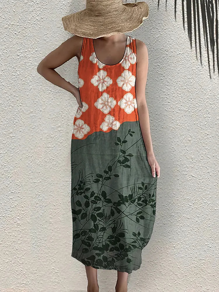 Japanese Art Flower Print Sleeveless Casual Linen Blend Midi Dress