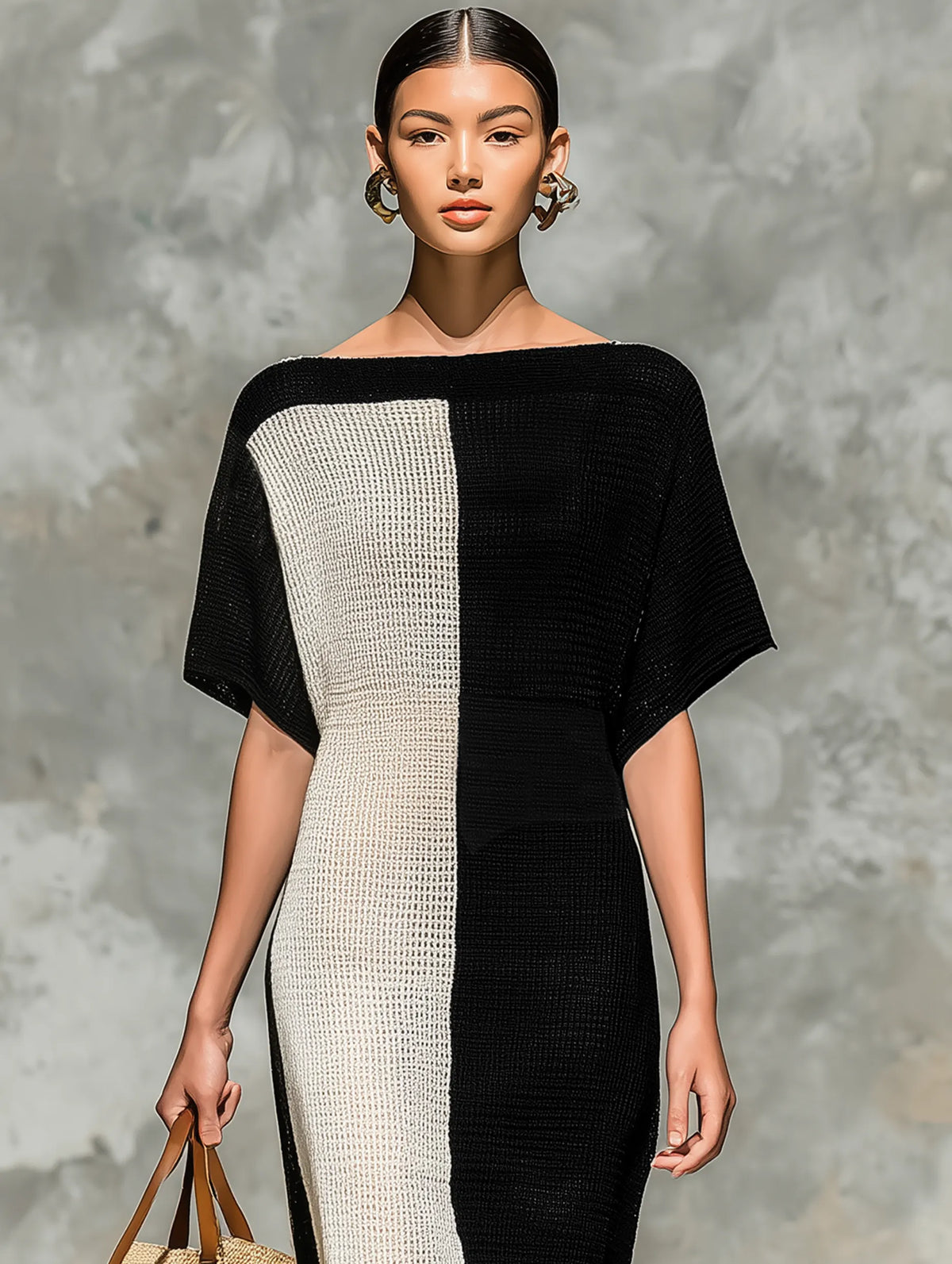 Women's Minimalist Knitted Boat Neck Short-sleeved Maxi Dress MDZ0969A4Y