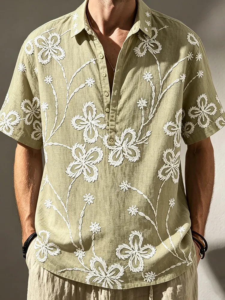 Men's Plant Embroidery Design Spring And Summer Casual Linen Short-sleeve Shirt
