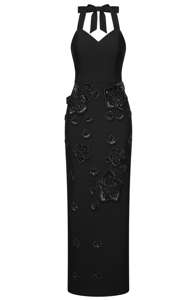 Halter Floral Gloves Maxi Dress Black