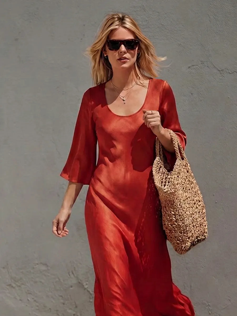 Women's Rust Red Satin Midi Dress With Wide U Scoop Neck & Flared Three Quarter Sleeves, Boho Elegant Flow Side Slit Vacation Midi Dress MDZ0171G2LYL