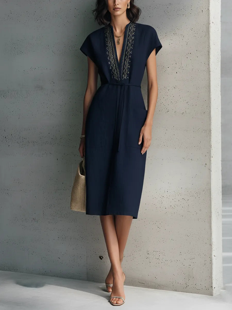 Women's Navy Blue Cotton Linen Golden Embroidered V-Neck Short Sleeve Drawstring Midi Dress MDZ0540C1BA
