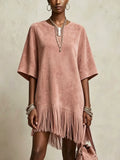 Pink Faux Suede Mini Dress With Fringe Hem And Oversized Sleeves