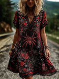 Vintage Halloween Spider And Rose Rhinestone V-neck Short Sleeve Dress