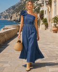 Elegant One-Shoulder 3D Floral Asymmetrical Denim-Look Maxi Dress